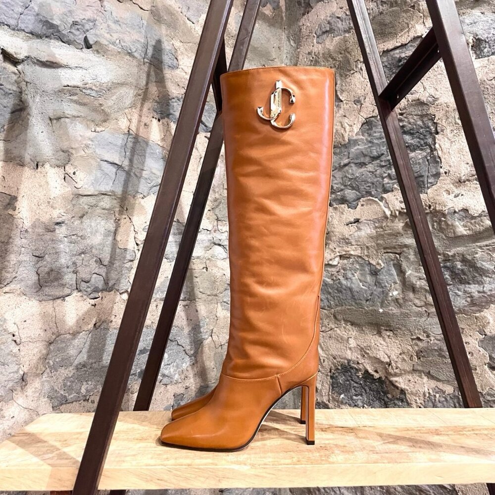 Jimmy Choo Tan Leather Mahesa 100 Knee High Logo Boots - Picture 6 of 11